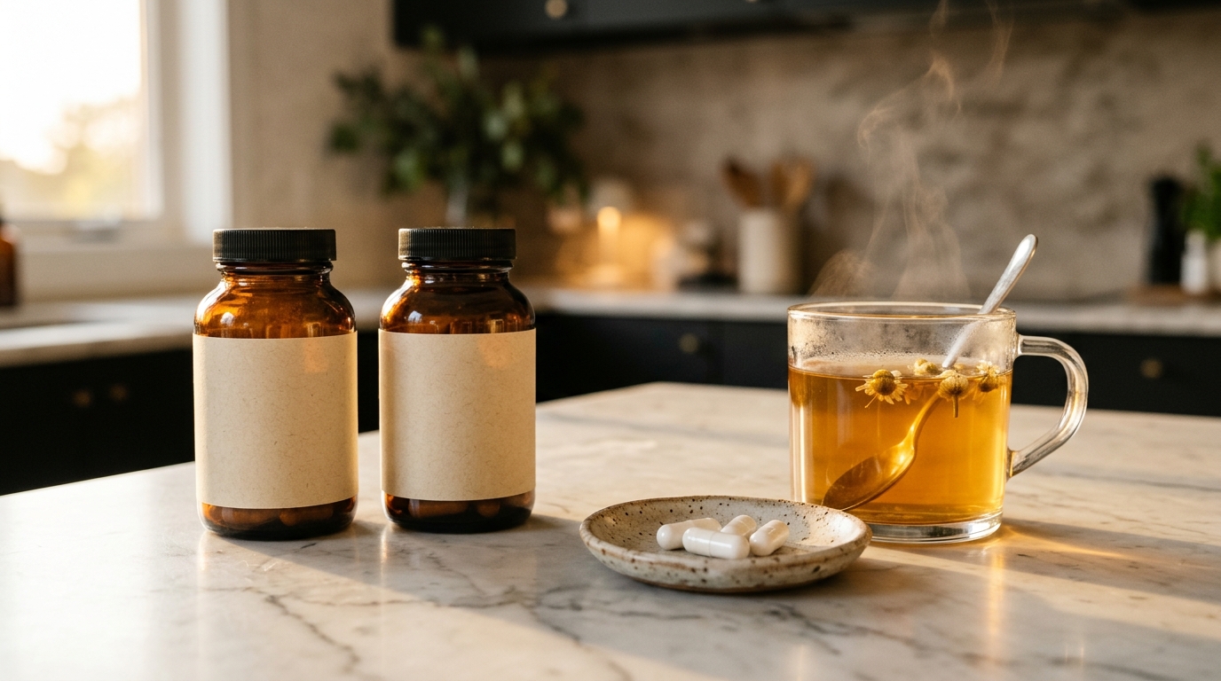 Magnesium glycinate and magnesium L-threonate supplement bottles with capsules and evening herbal tea