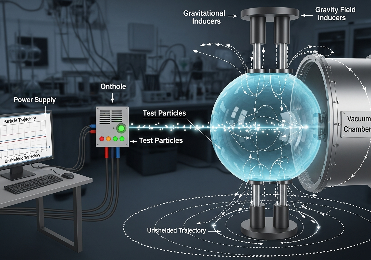 Schematic diagram of a gravity shielding experiment, showing particles being shielded from gravitational forces within a laboratory setup