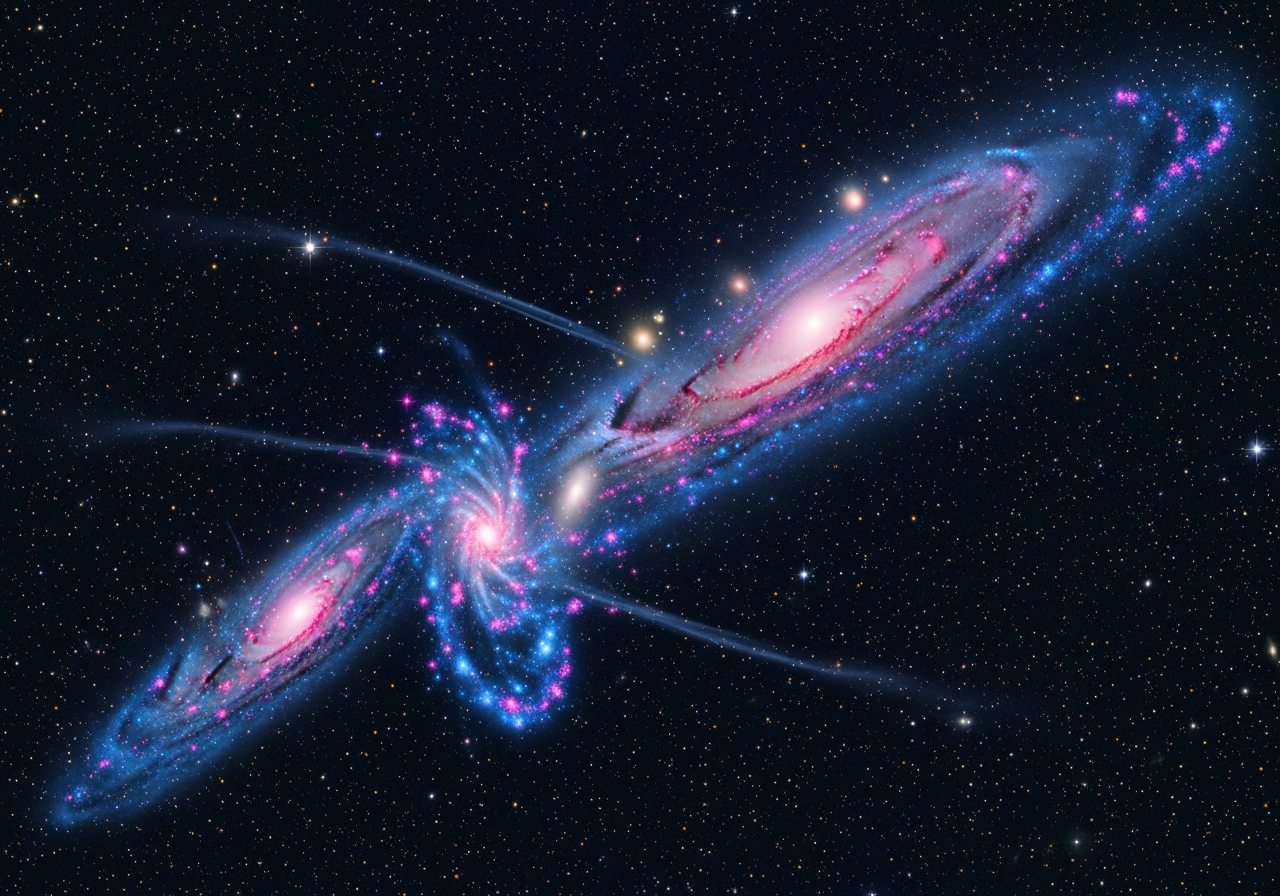 An artistic rendering of the NGC 4490 and NGC 4485 galaxies interacting, emphasizing the tidal tails and star formation regions. A dark blue space background filled with distant stars and nebulae.