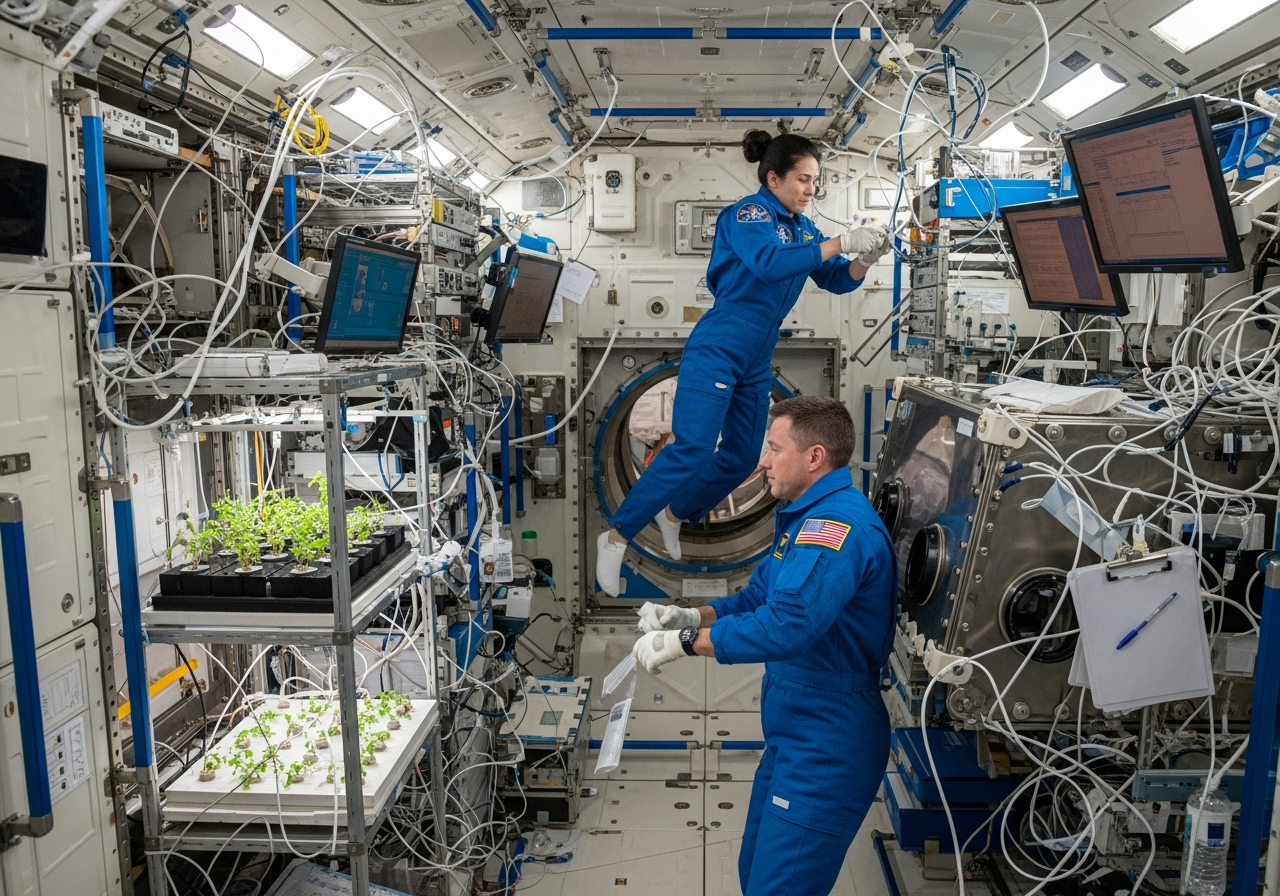 Interior of the International Space Station, showing scientific equipment and astronauts conducting experiments in a low-gravity environment