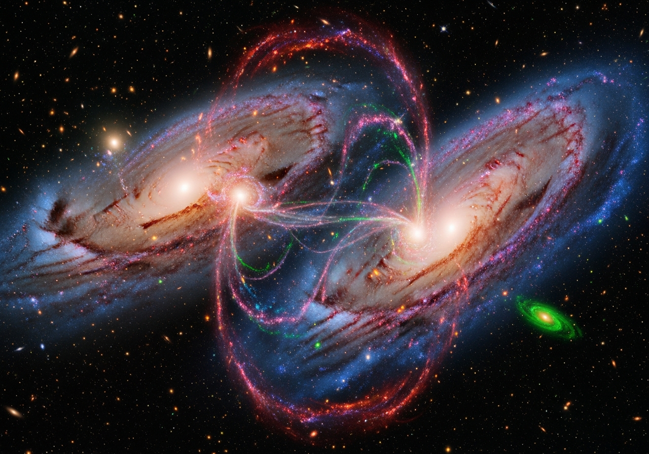 An artistic rendition of two galaxies colliding, with vibrant colors representing different wavelengths of light (infrared from JWST, X-ray from Chandra). Focus on swirling patterns of gas and dust.