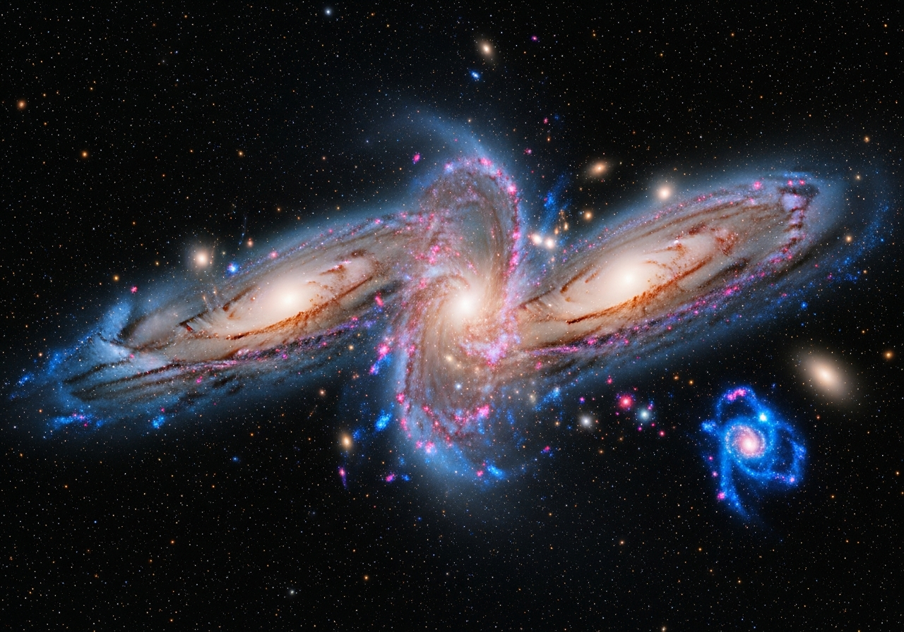 Simulation of the Milky Way and Andromeda galaxy collision, showing the distorted shapes and tidal tails formed by the gravitational interaction over billions of years. Dramatic, cosmic scale.