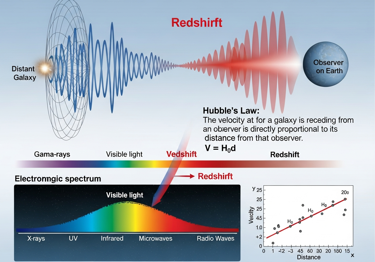 A diagram illustrating the concept of redshift, showing how the wavelengths of light from distant galaxies stretch as the universe expands, shifting the light towards the red end of the spectrum. The diagram includes a visual representation of the spectrum shift and an explanation of Hubble's Law.