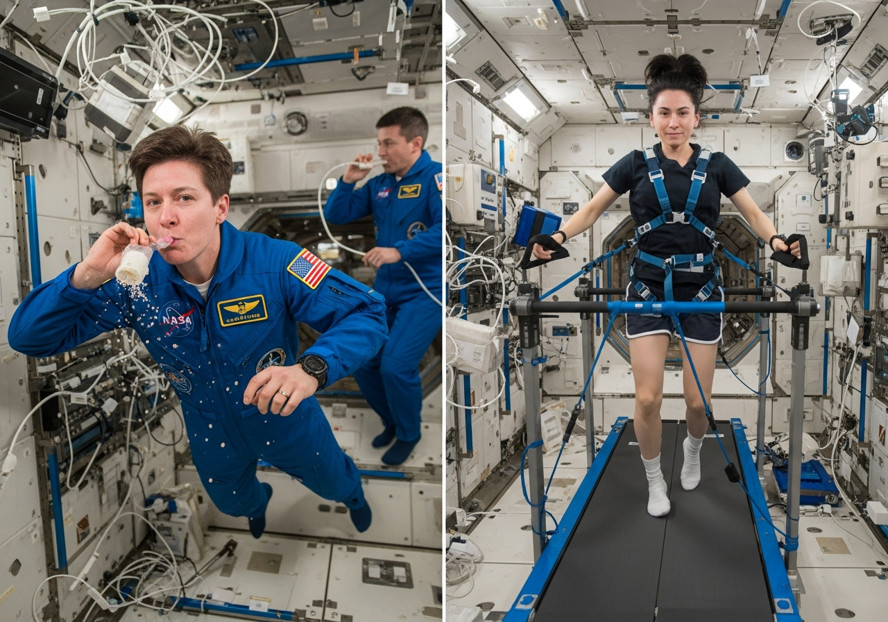 Split image. Left side: astronauts eating food from tubes in zero gravity. Right side: astronaut exercising with resistance bands on a treadmill anchored to the ISS floor.