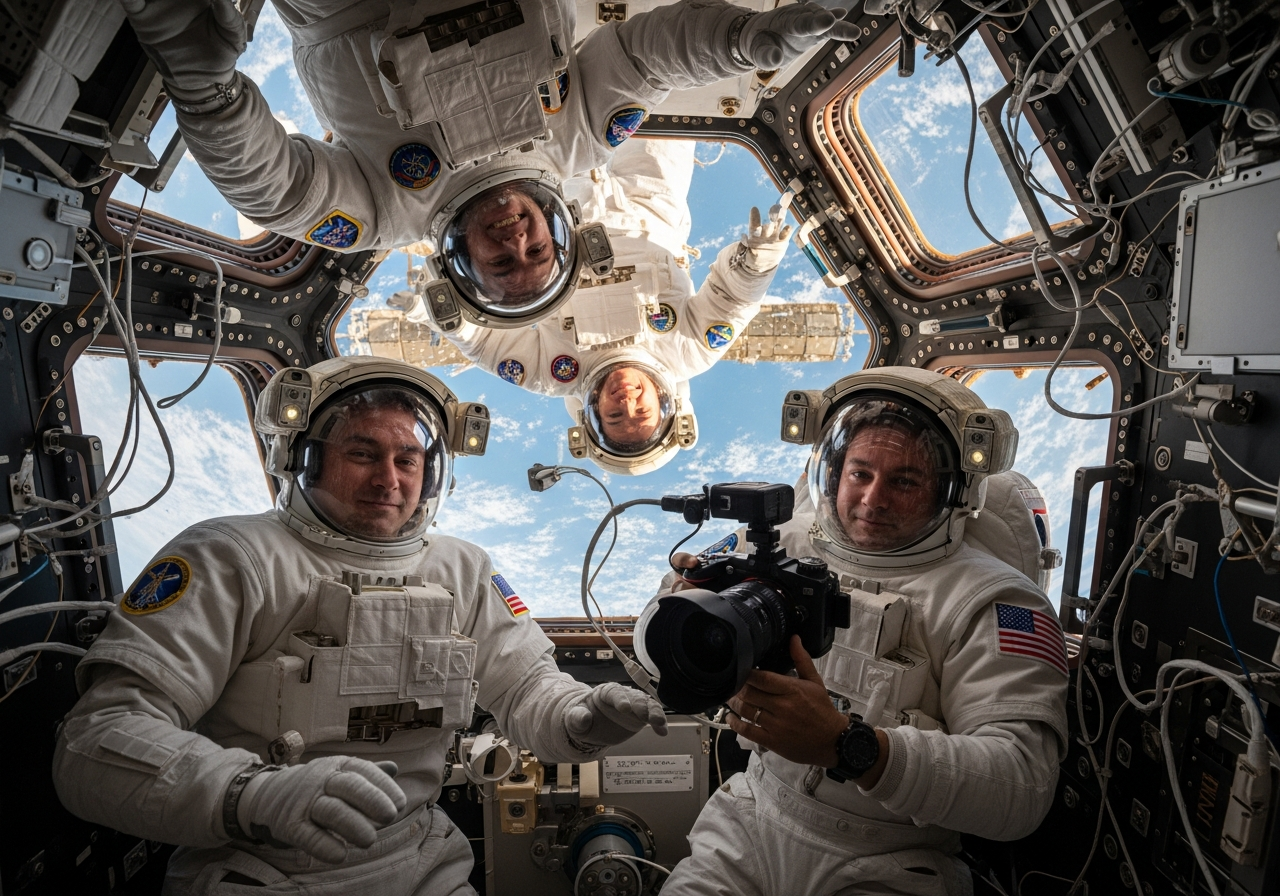 Four astronauts inside the ISS, one holding a camera, smiling and relaxed.  Warm lighting, high detail, photorealistic.