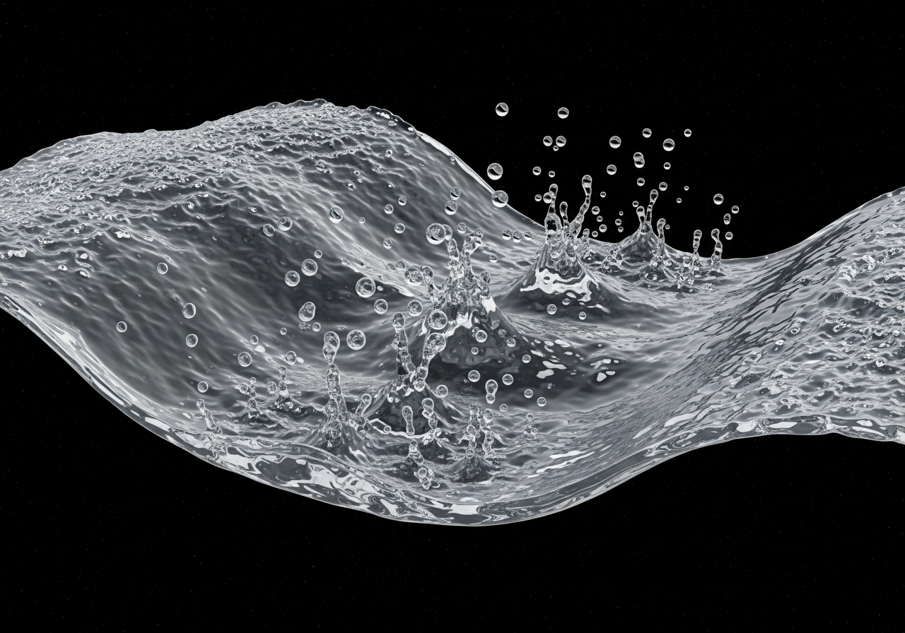 미세 중력 환경에서 액체 표면의 불안정성을 보여주는 시뮬레이션 이미지, 파동과 작은 물방울들이 떠다니는 모습