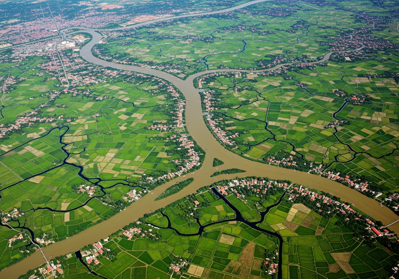 Satellite view of the Mekong Delta showing the Bassac River branching off, vibrant green rice paddies and waterways