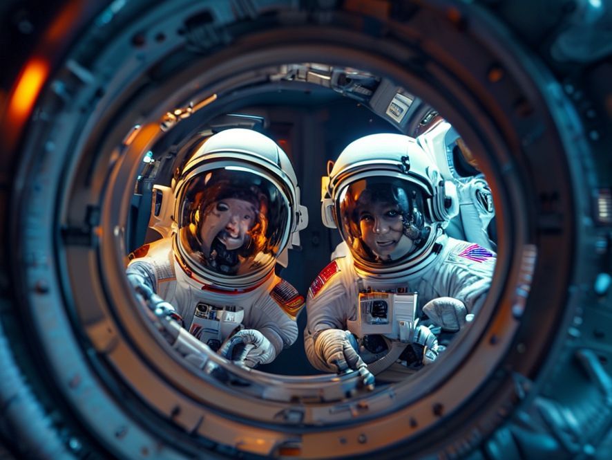 Close-up, wide-angle shot of four astronauts playfully peeking through a circular hatch opening inside the International Space Station, warm lighting