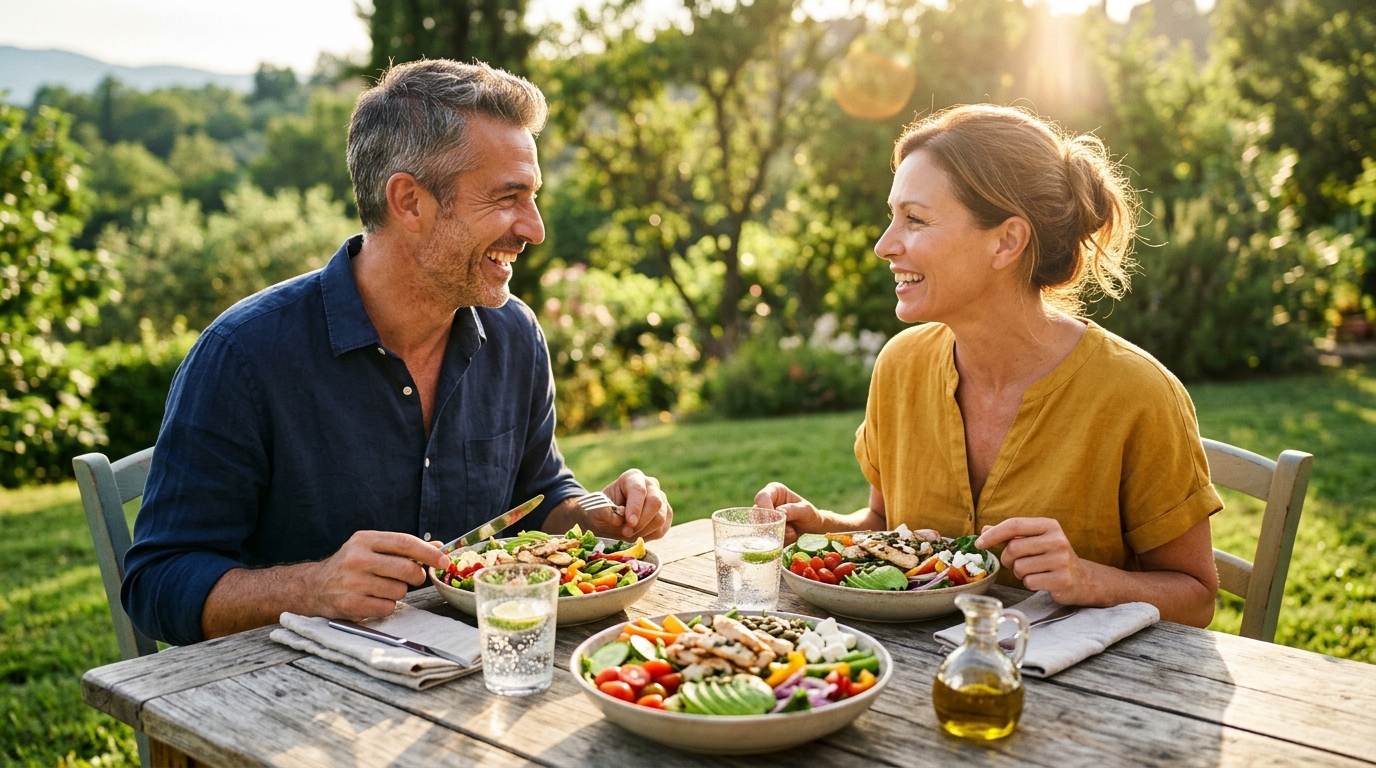 Adults over 40 enjoying a low-glycemic Mediterranean meal for insulin sensitivity
