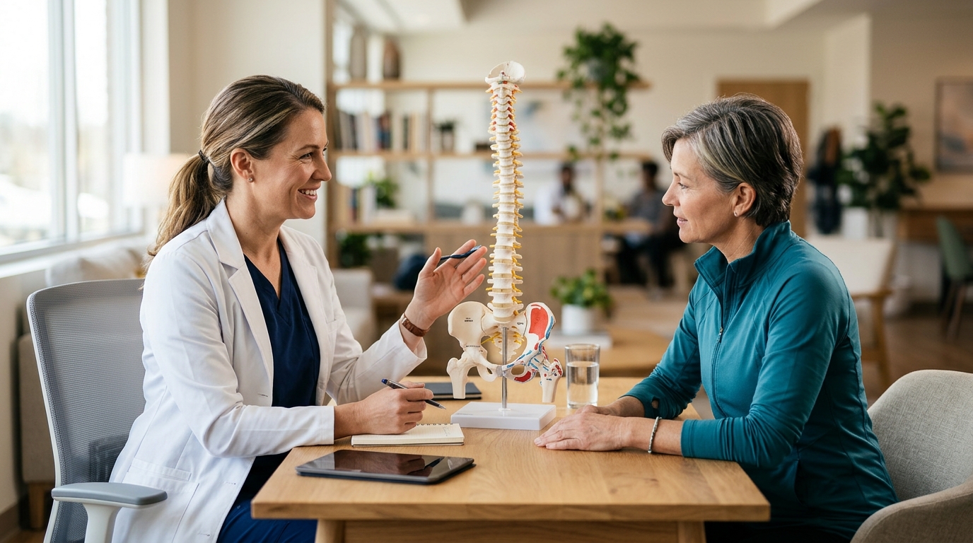 sports medicine physician and woman over 40 reviewing DEXA scan and what exercises are best for bone density