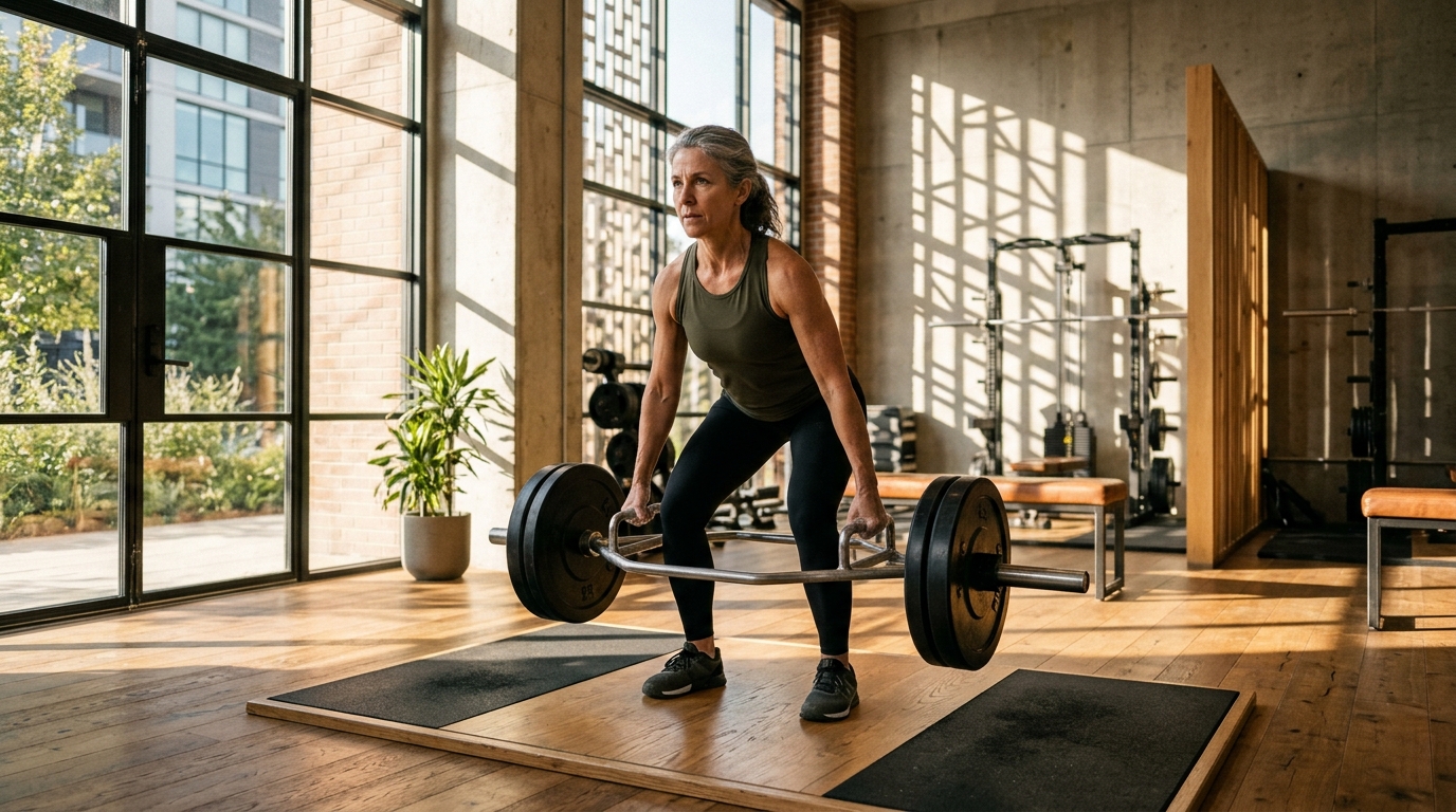 what exercises are best for bone density woman in 50s performing trap bar deadlift with neutral spine