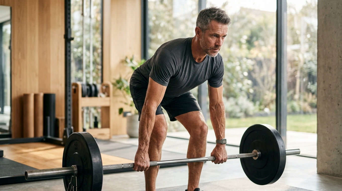 fit man in late 40s gripping barbell for heavy strength training showing is boron good for free testosterone