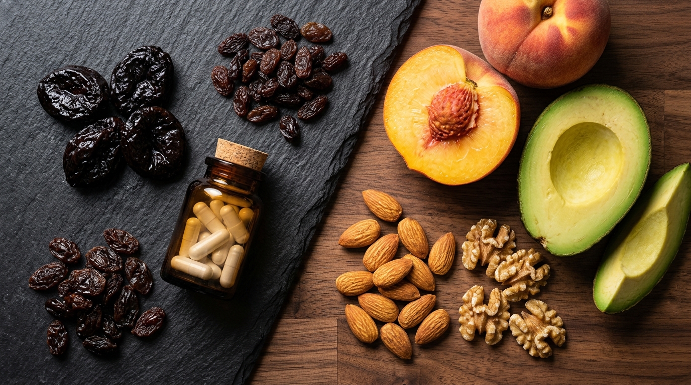 is boron good for free testosterone flatlay of prunes raisins avocado almonds walnuts and boron capsules