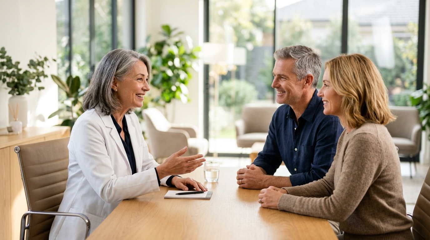 Physician reviewing comprehensive metabolic panel blood test results with adults over 40