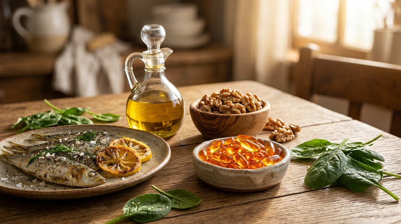 Amber CoQ10 ubiquinol softgels with olive oil sardines walnuts and spinach for cardiovascular heart energy after 40