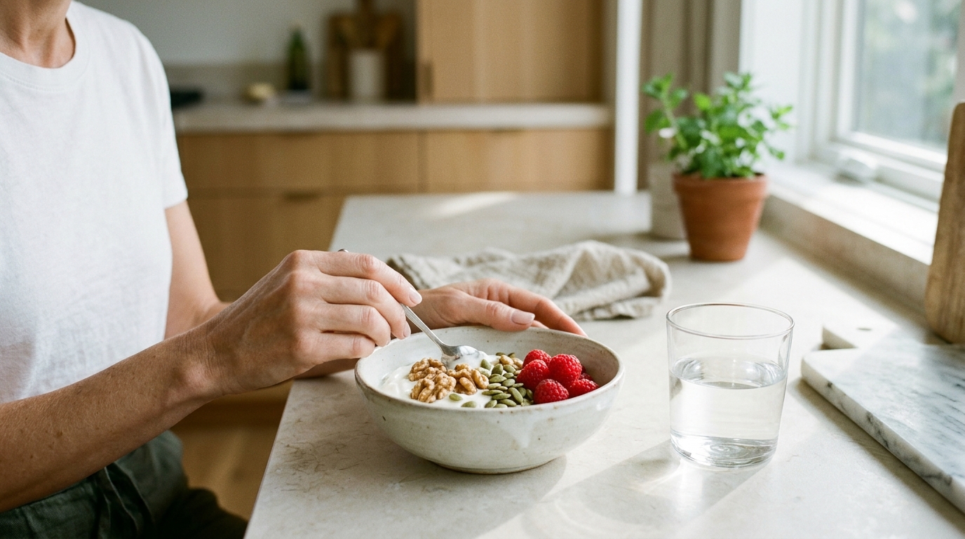 woman in 40s preparing Greek yogurt walnuts and berries evening snack for how to stop waking up at 3am cortisol