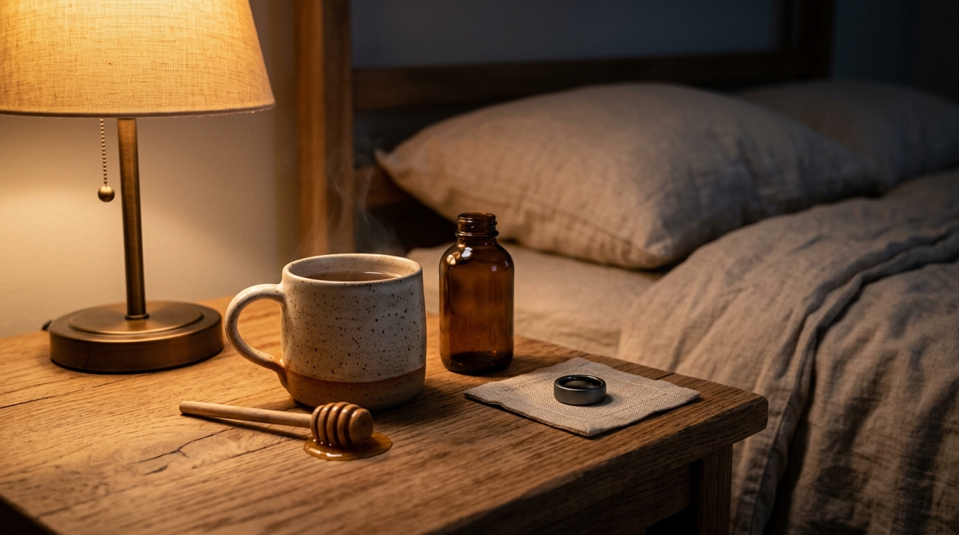 how to stop waking up at 3am cortisol calm bedside nightstand with chamomile tea raw honey and magnesium