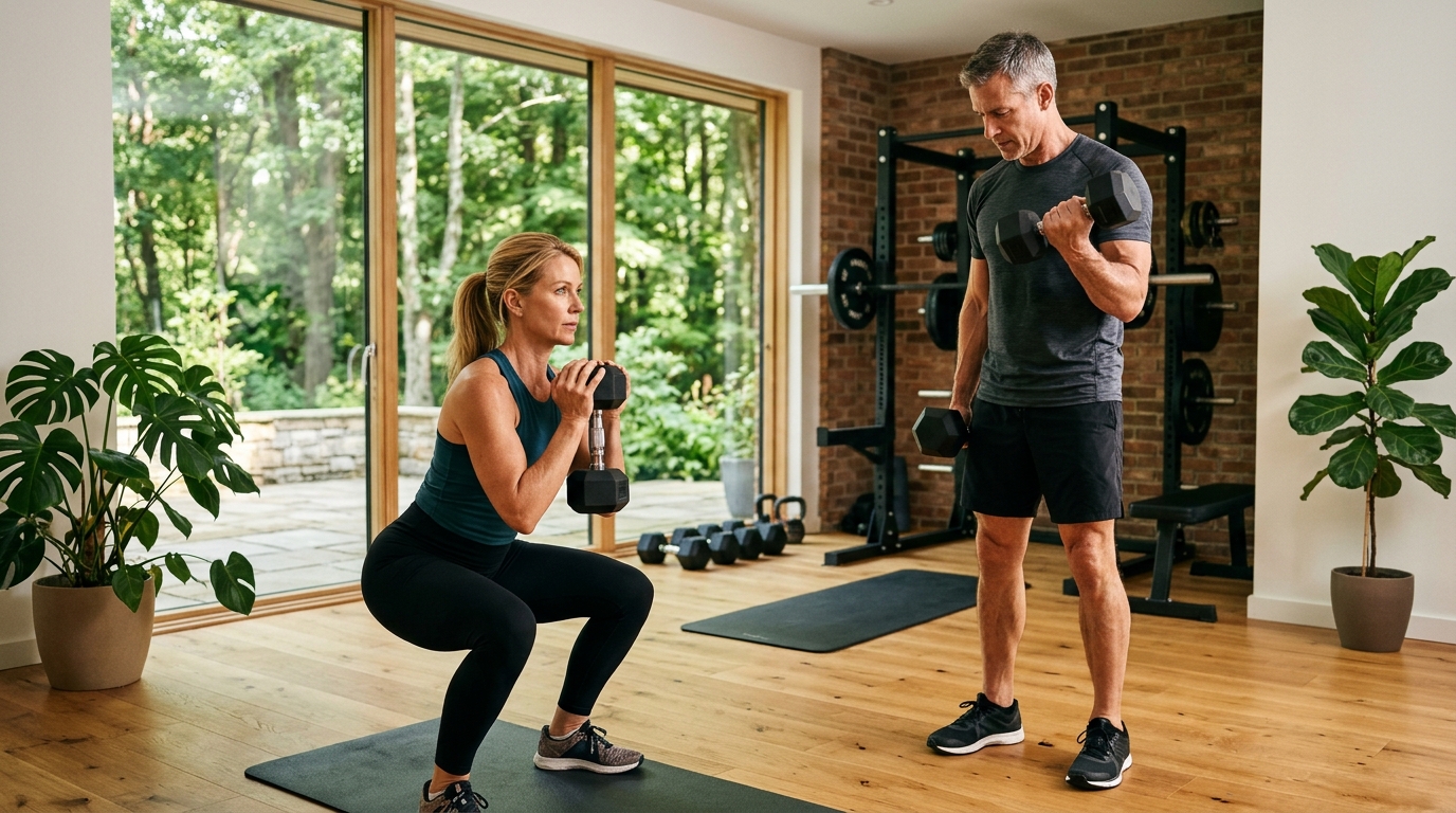 Adults in their late 40s performing dumbbell goblet squats resistance training at home to prevent sarcopenia