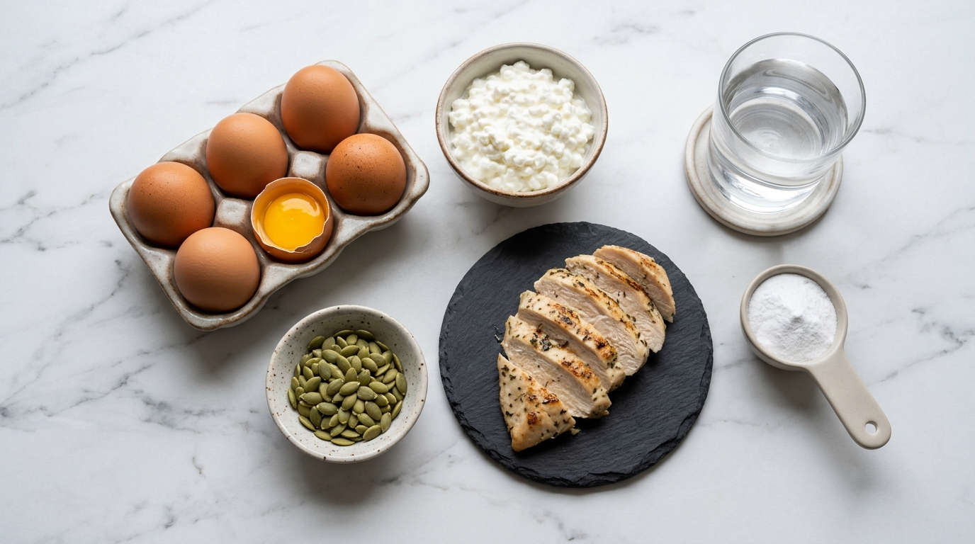 Leucine-rich protein foods eggs chicken cottage cheese pumpkin seeds and creatine monohydrate powder