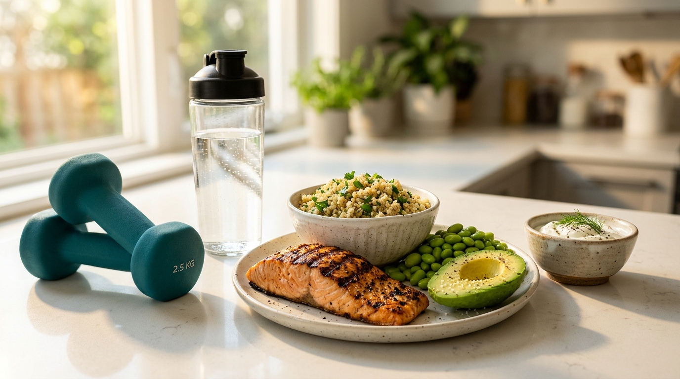 High protein salmon edamame Greek yogurt meal with dumbbells for preserving lean muscle mass on GLP-1 weight loss