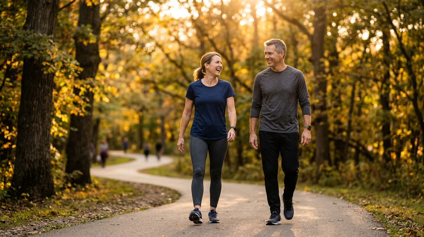 couple in 40s taking 15-minute sunset walk after dinner as part of insulin resistance diet plan