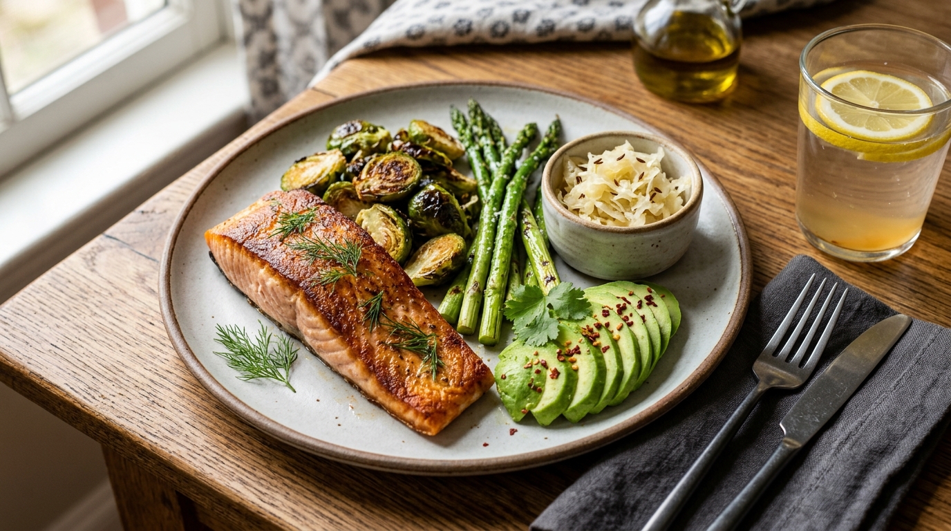 insulin resistance diet plan wild salmon roasted Brussels sprouts avocado and apple cider vinegar plate