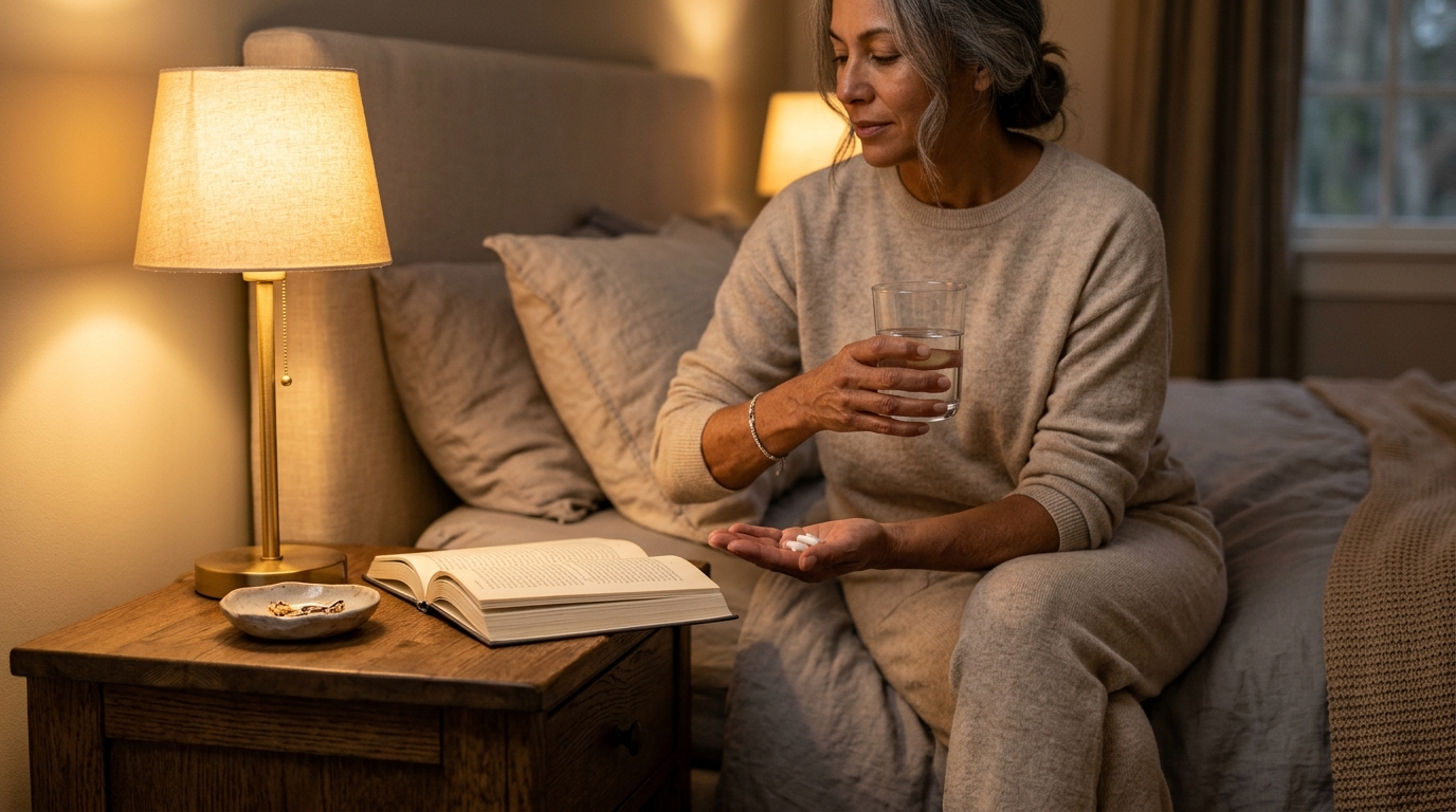 adult in late 40s taking evening magnesium capsules with water on bedside nightstand for magnesium l threonate vs glycinate