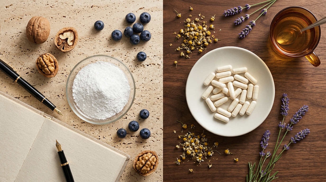 magnesium l threonate vs glycinate flatlay comparing L-threonate powder with walnuts vs bisglycinate capsules with chamomile