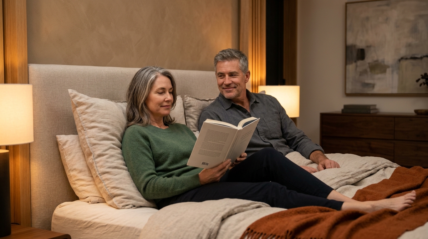 Adults over 40 relaxing in bedroom before restorative deep sleep after taking evening magnesium