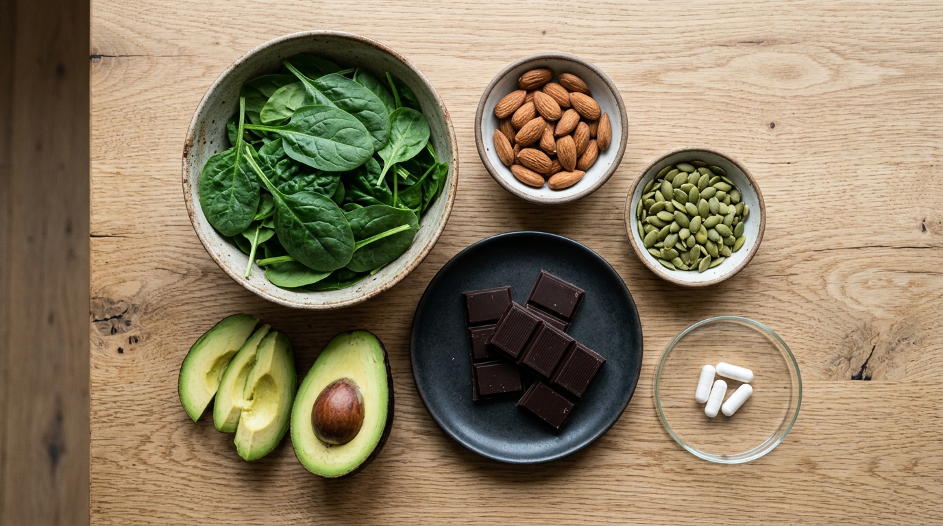 Magnesium-rich whole foods spinach almonds pumpkin seeds avocado alongside chelated magnesium capsules
