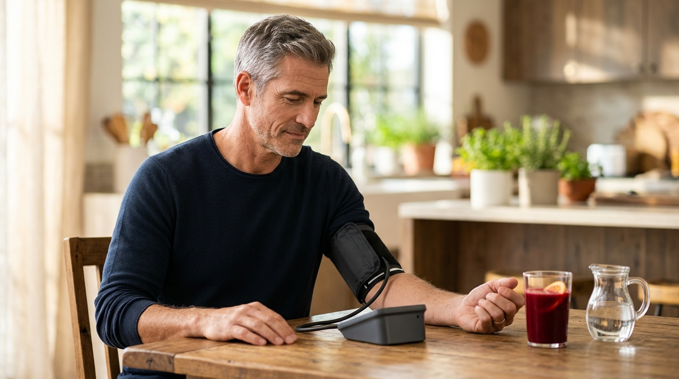 adult over 40 checking morning brachial blood pressure alongside nitric oxide foods for blood pressure