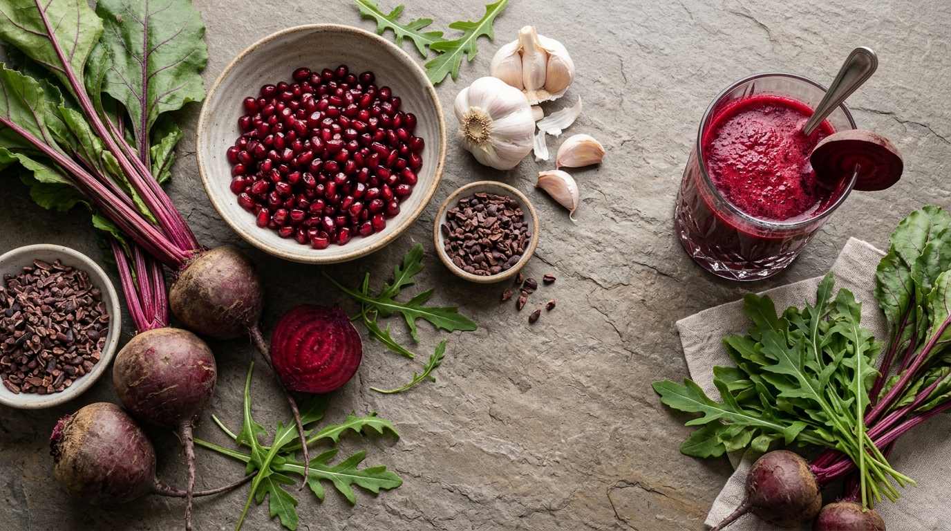 nitric oxide foods for blood pressure flatlay of red beets wild arugula pomegranate and dark cacao