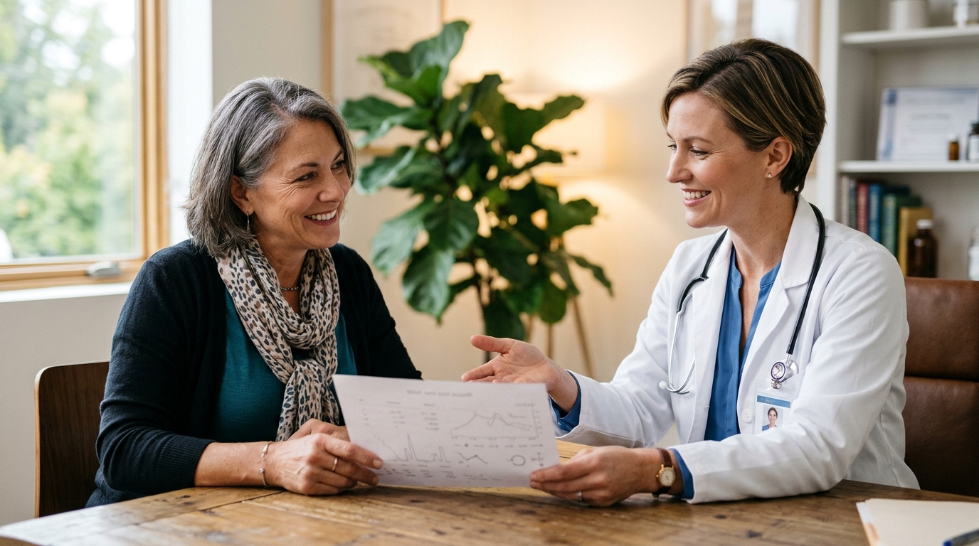 Doctor reviewing 25-hydroxyvitamin D blood test lab results with a healthy woman over 50