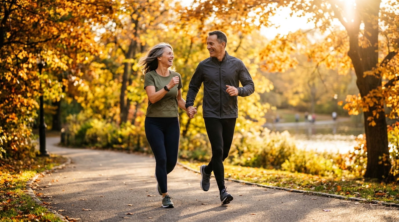 Active couple in their 50s walking outdoors in morning sunshine for healthy bone density and longevity