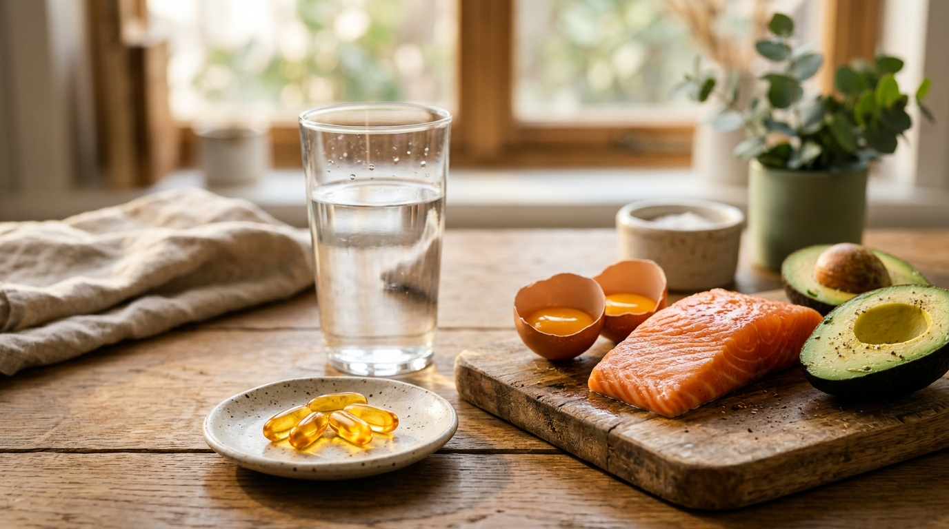 Golden Vitamin D3 and K2 softgel capsules with wild salmon avocado and morning sunlight