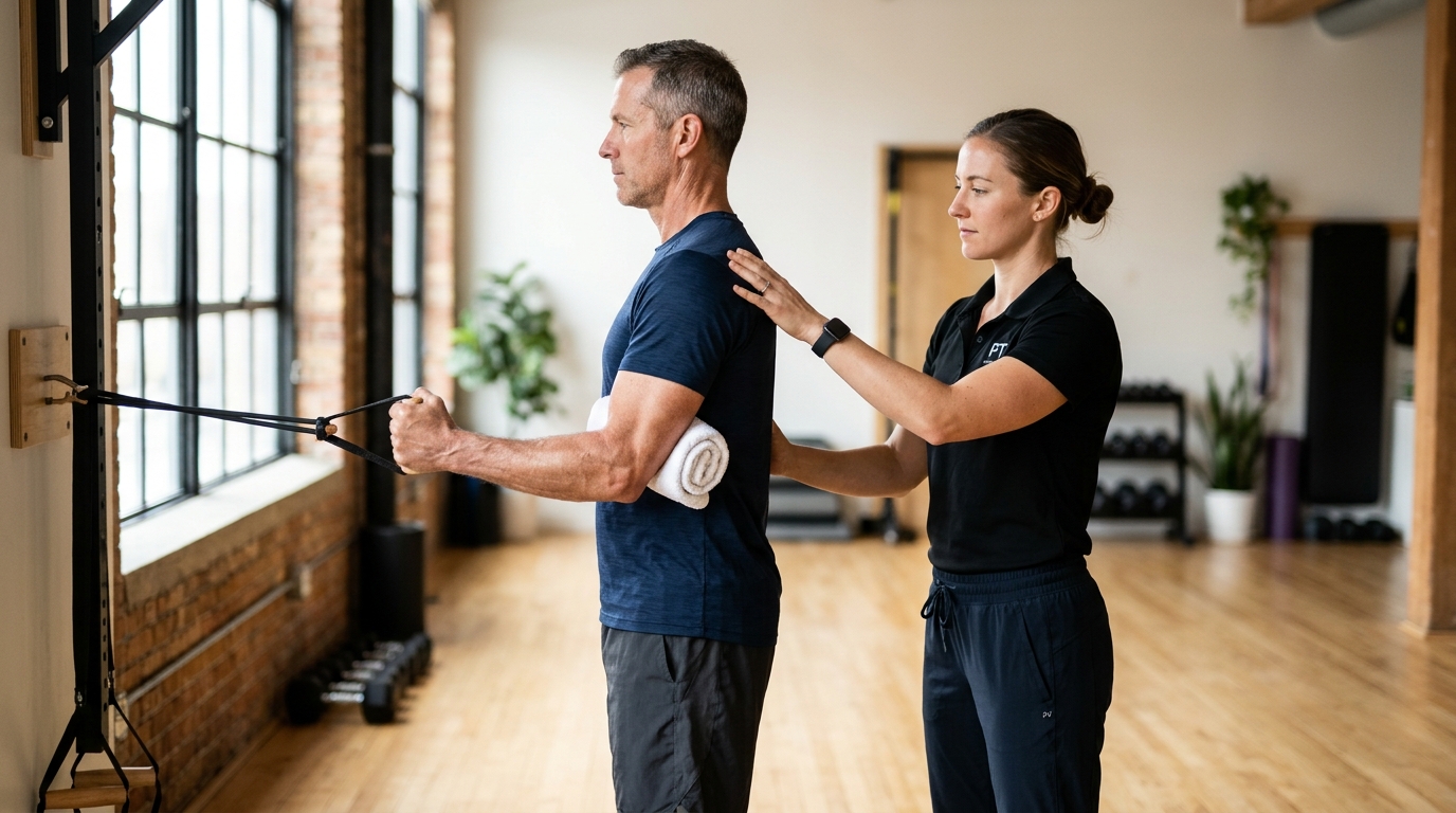 rotator cuff pain exercises man in 40s performing standing band external rotation with rolled towel under elbow