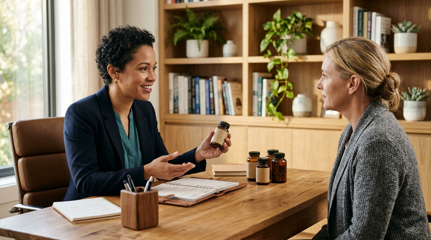 clinical pharmacist reviewing daily supplement schedule to show how to fix supplement side effects after 40