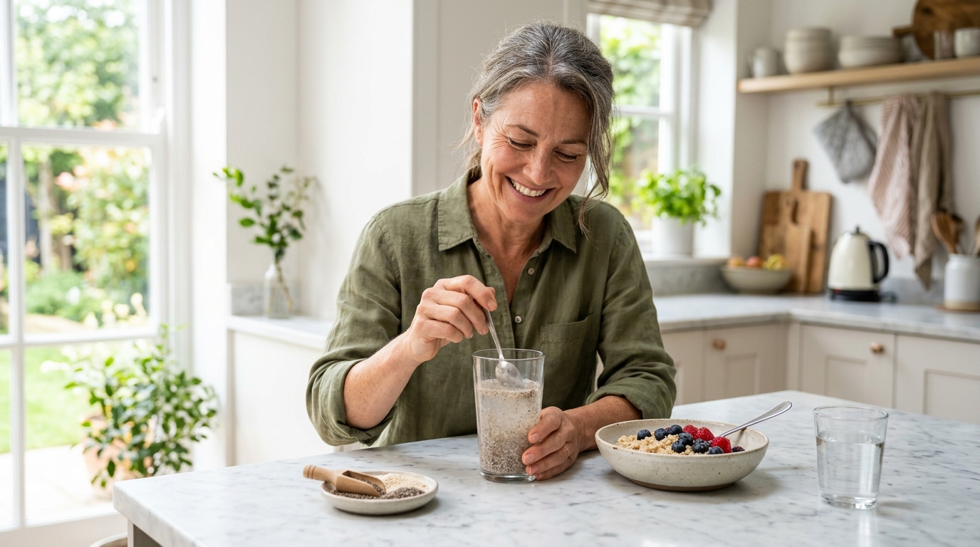 woman over 40 preparing psyllium husk and steel cut oats as soluble fiber foods for high cholesterol