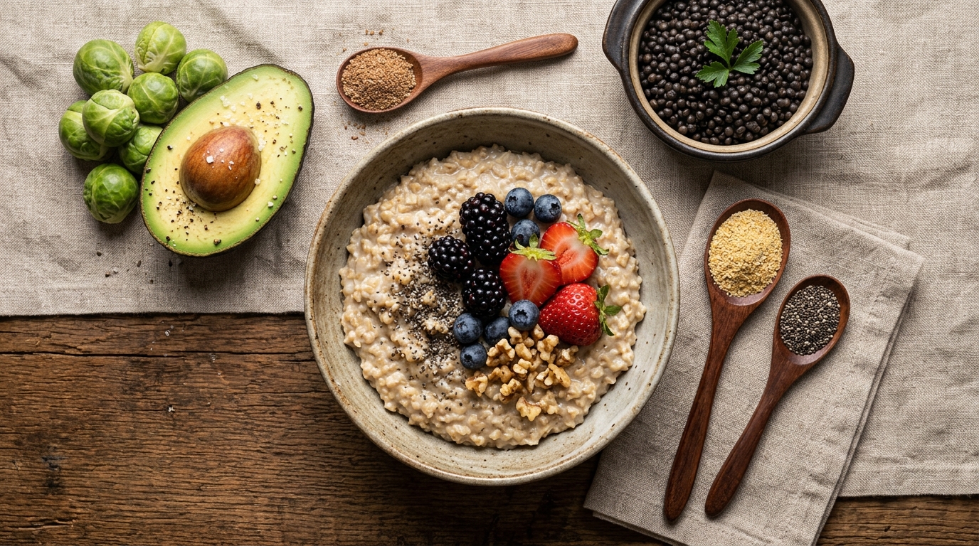 soluble fiber foods for high cholesterol flatlay of steel cut oats psyllium husk flaxseed black lentils and avocado