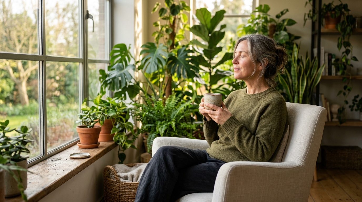 woman over 40 relaxing by sunlit window with adaptogen tea and supplements for stress and cortisol after 40