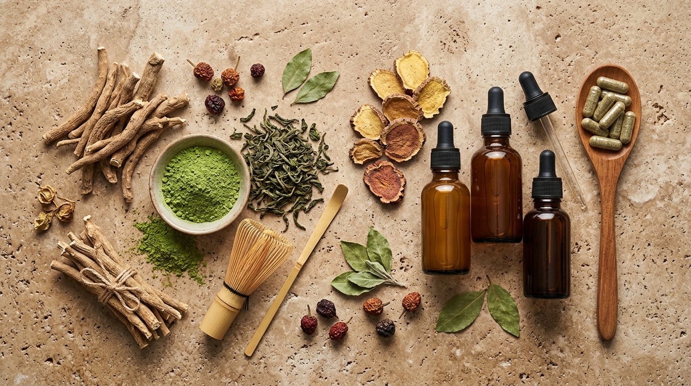 supplements for stress and cortisol after 40 flatlay of ashwagandha root l-theanine and rhodiola