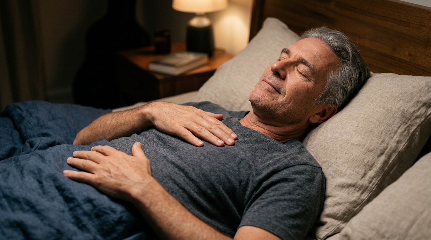 Adult in 50s practicing physiological sigh diaphragmatic breathing in bed to lower heart rate and return to sleep