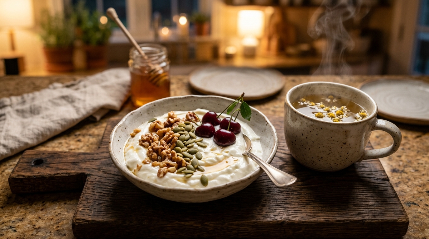Evening blood sugar stabilizing snack of Greek yogurt walnuts pumpkin seeds and chamomile tea before bed