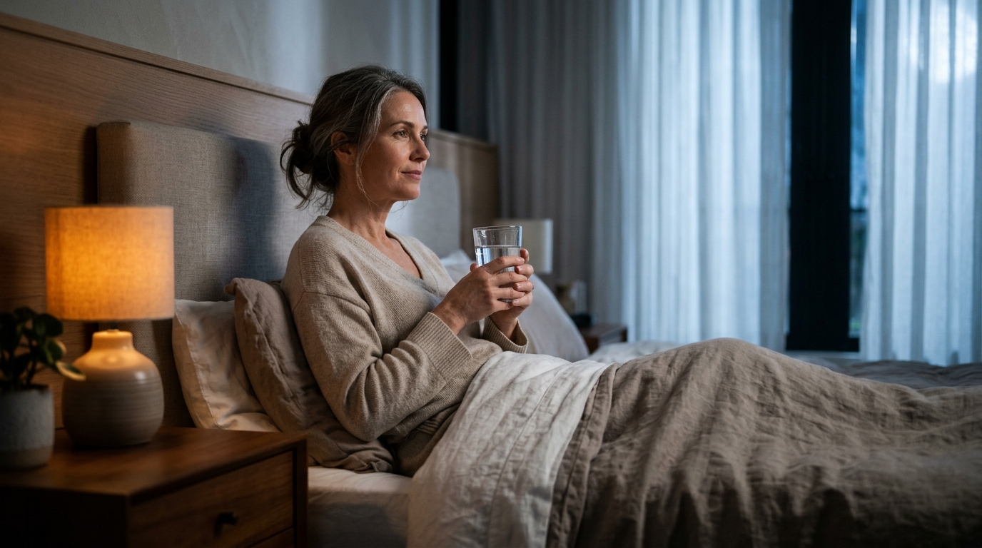Woman over 40 waking up at 3 AM in bedroom from nocturnal cortisol spike and sleep maintenance insomnia