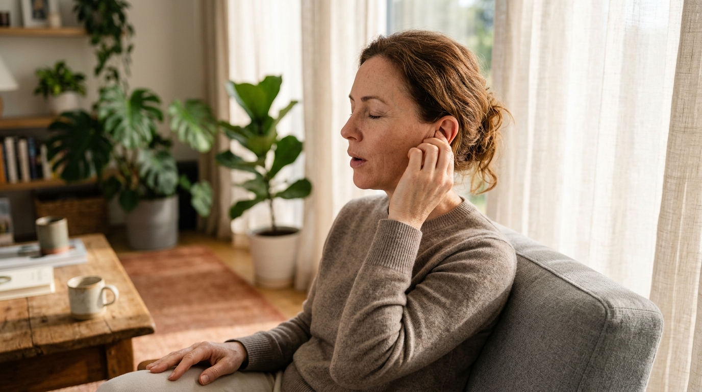 vagus nerve stimulation exercises for anxiety woman in 40s practicing physiological sigh and ear massage