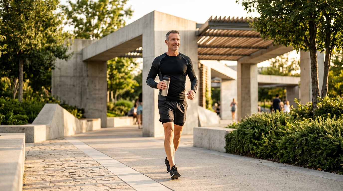 fit man in late 40s walking outdoors illustrating supplements for visceral fat loss after 40 and zone 2 oxidation