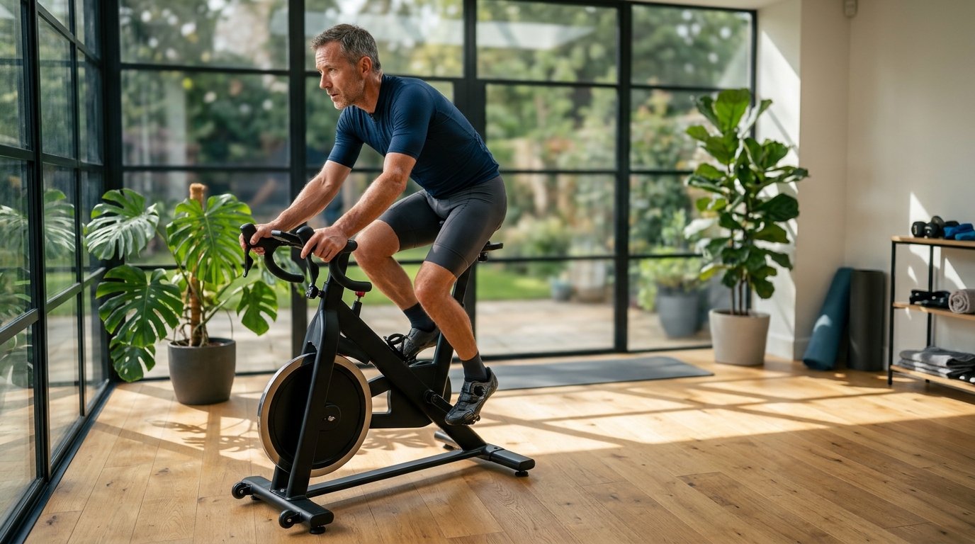 40 year old man performing indoor cycling ergometer training at zone 2 cardio heart rate