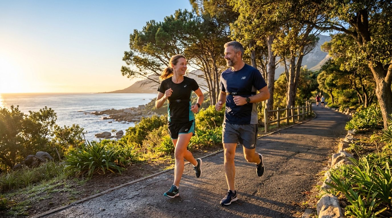 zone 2 cardio heart rate 40 year old man and woman in 40s jogging at conversational pace